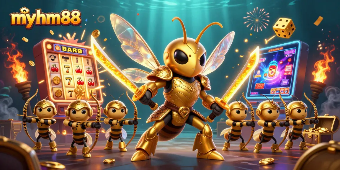 Join the excitement at myhm88, where a golden hornet samurai battles for jackpots amid a lively casino scene!