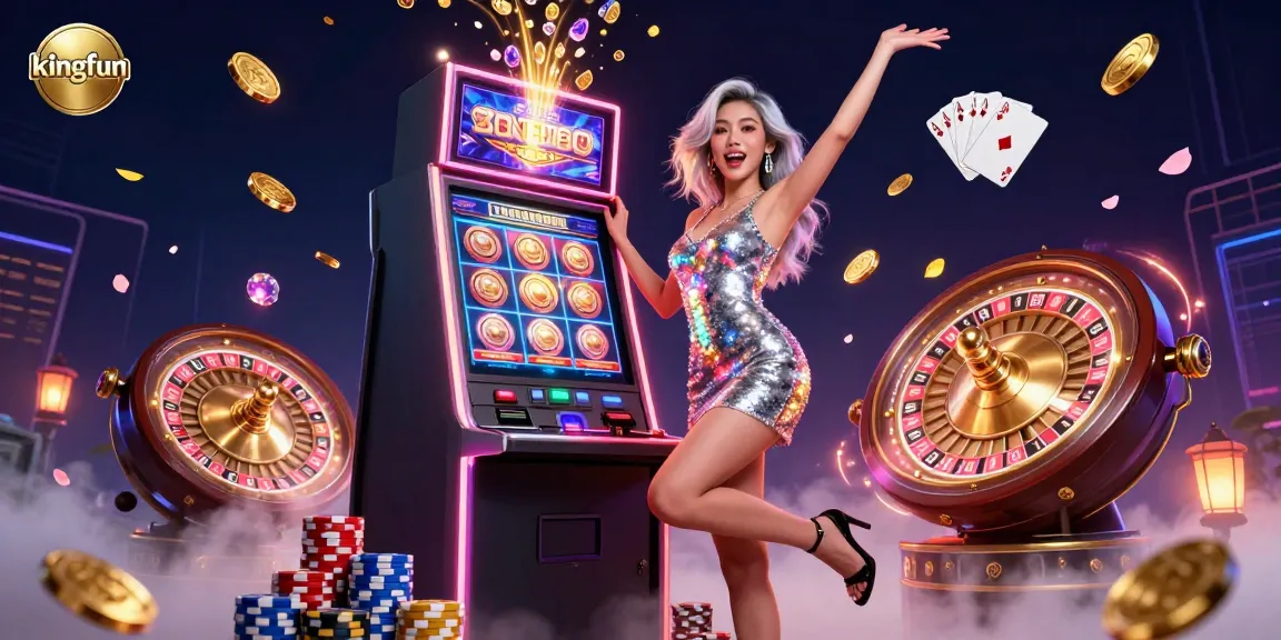 Experience the excitement of kingfun as the dazzling character celebrates a jackpot win amidst golden coins and vibrant casino elements.