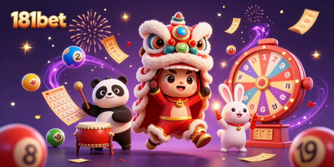 Bettors celebrate with 181bet in a vibrant casino scene featuring lively characters, dynamic lottery elements, and golden decorations.