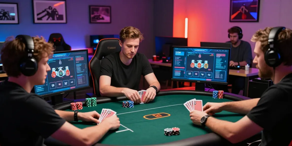 Situs Poker Uang Asli Dewapoker gaming scene with players enjoying an online poker tournament in a vibrant home office setting.