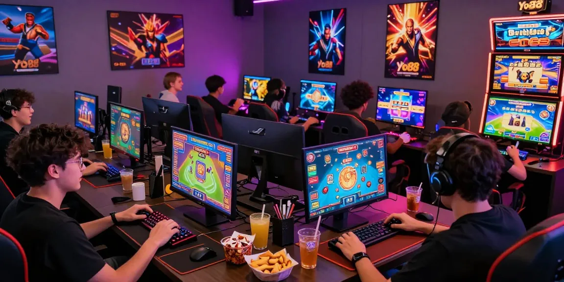 Yo88 gaming scene showcasing players engaged in exciting card and slot games with vibrant neon graphics.