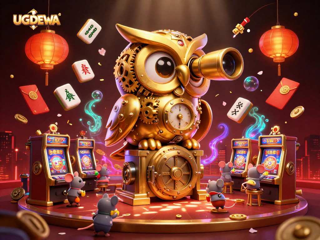 UGDEWA spins fortunes amidst a whimsical 3D casino with a golden owl and lively patrons.