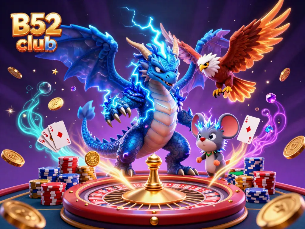 B52 club captures winning excitement with vibrant casino elements in a dynamic, colorful scene.