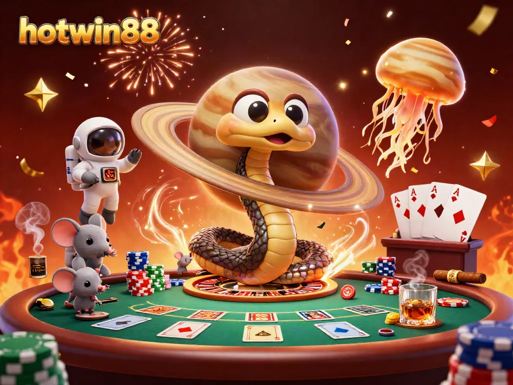 Experience gaming excitement with hotwin88's vibrant casino illustration featuring cosmic characters.