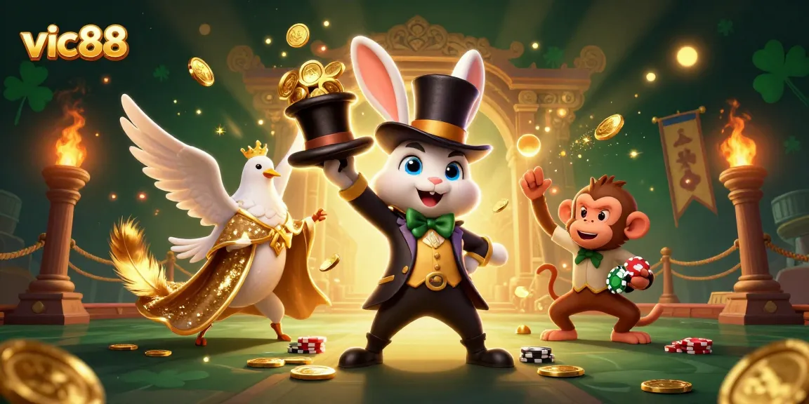Join vic88’s exciting casino experience with a magician rabbit, dove, and monkey amidst golden coins.