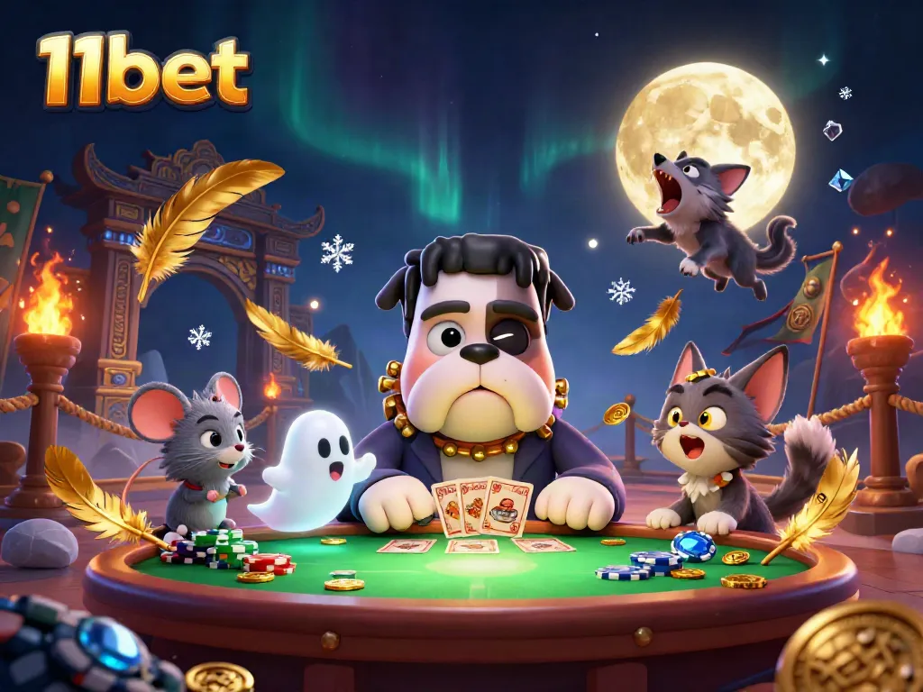 Experience gaming thrills with 11bet featuring a 3D cartoon bulldog dealer at a spooky casino table.