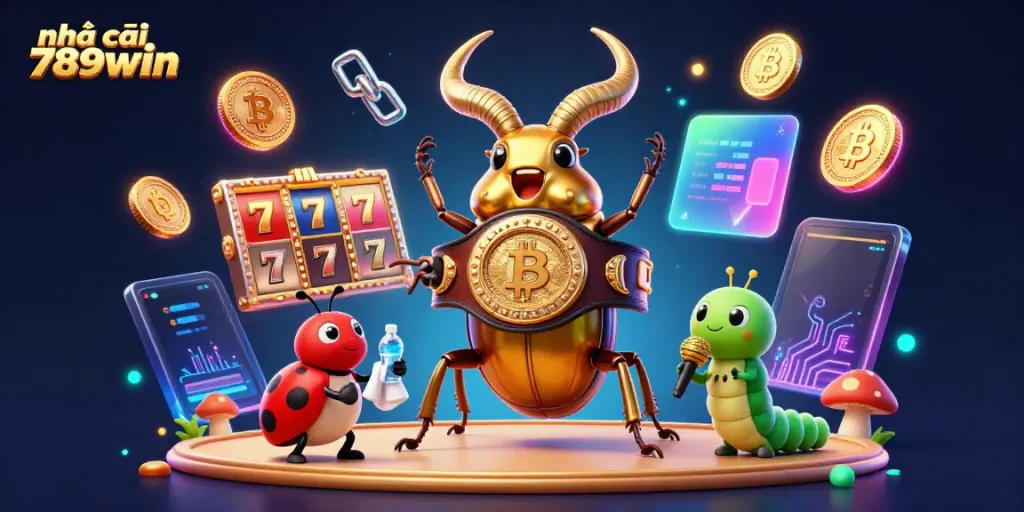 Engage with the vibrant action of nhà cái 789win featuring a giant golden stag beetle in a boxing match amidst slot reels and Bitcoin coins.