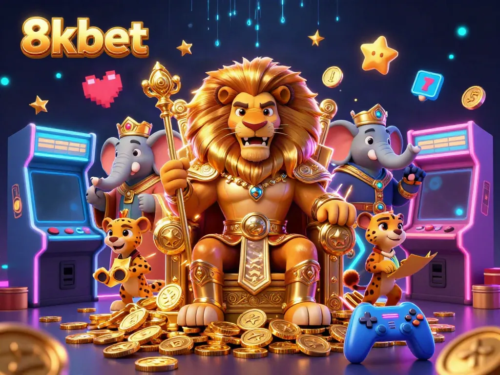 Engaging 3D illustration showcasing a lion king, elephant advisor, and cheetah messenger in a vibrant casino setting for 8xbet.
