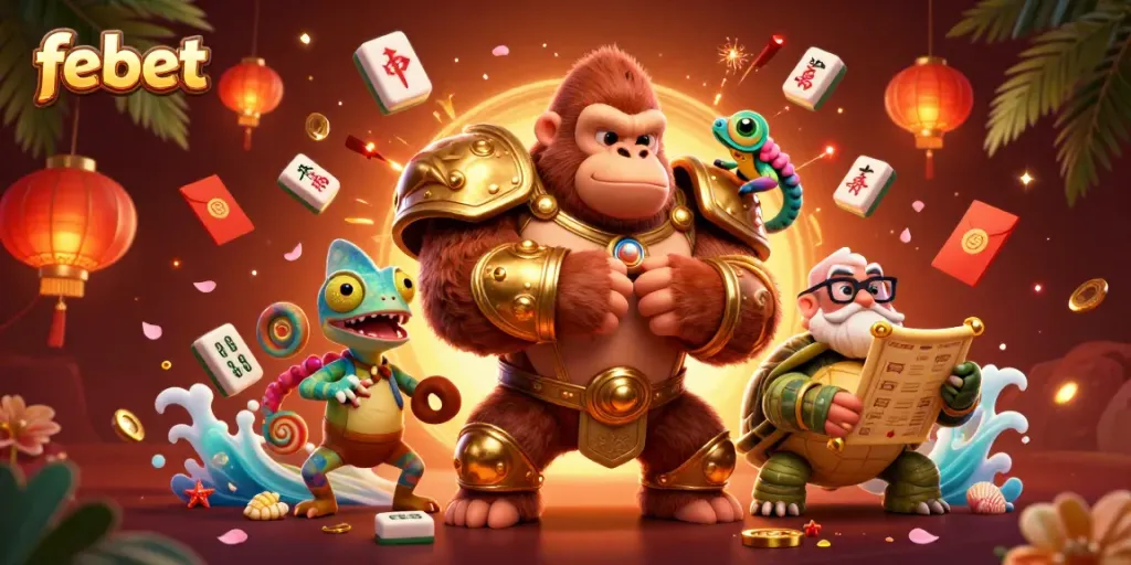 Experience excitement with fe bet in a colorful 3D casino illustration full of vibrant gaming elements.