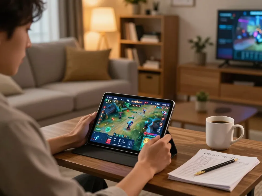 Engaging in top game bài đổi thưởng on a tablet in a cozy home setting, showcasing responsible gaming.
