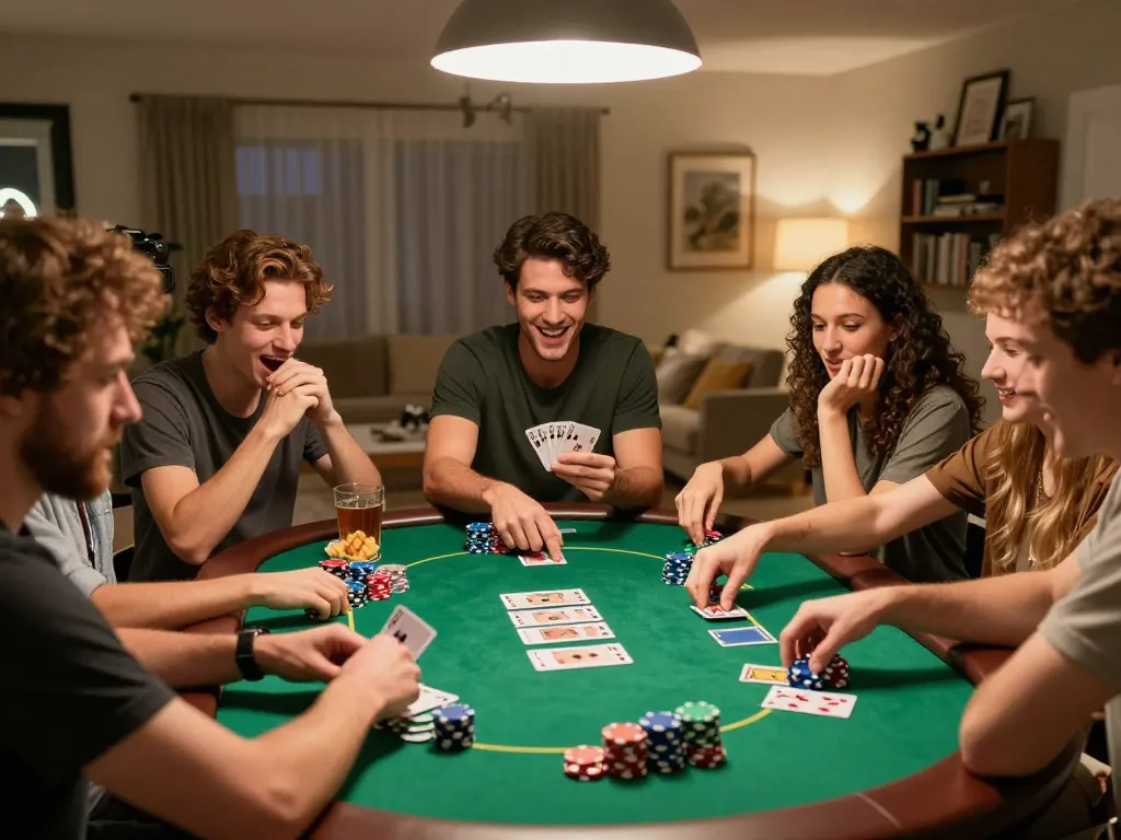 Engaging home poker night at rokok88 with friends, showcasing colorful chips and dynamic gameplay