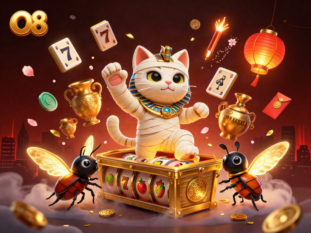 Experience the thrill of O8 with a vivid cartoon casino scene featuring a mummy cat and engaging slot reels.