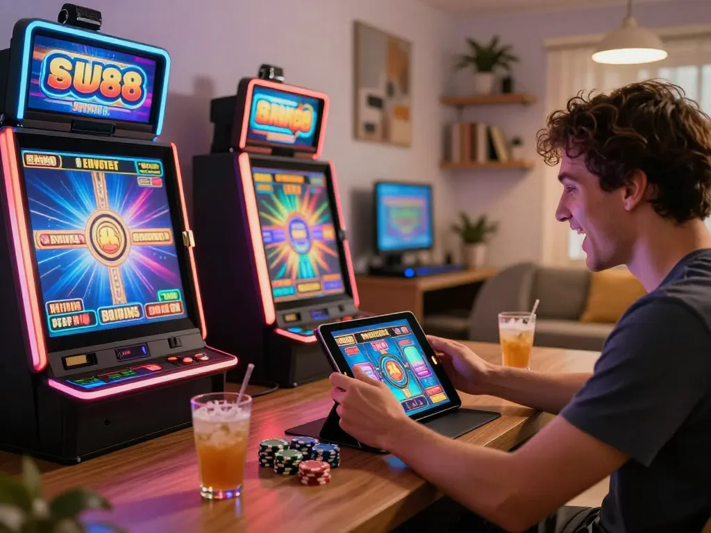 Player enjoying Slot88 online gaming experience at home, with vibrant colors and engaging atmosphere.