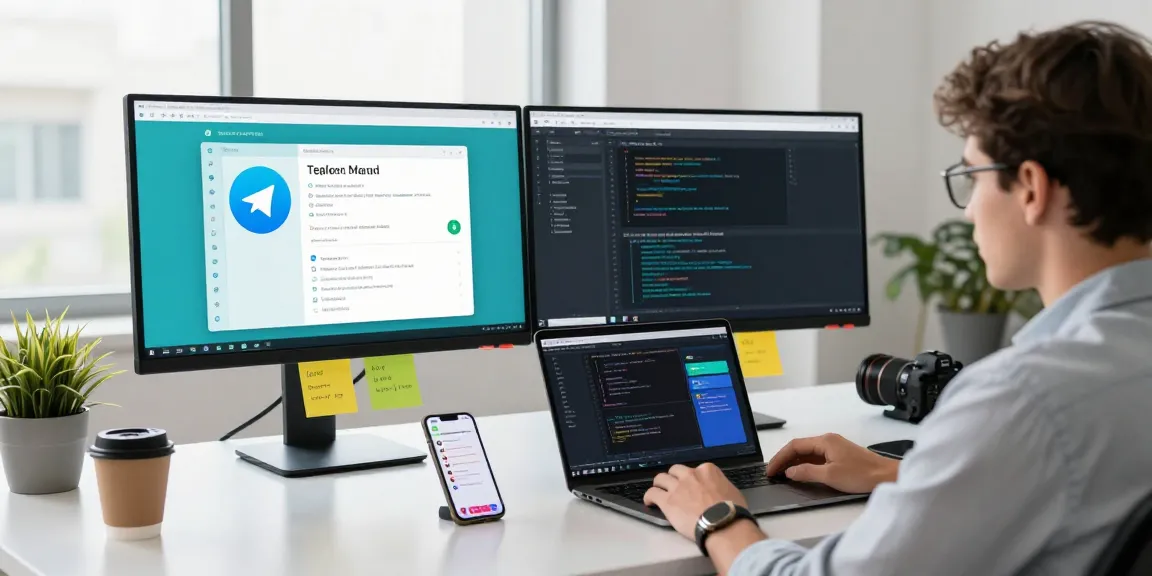 Telegram下载 on dual monitors in a modern office workspace.
