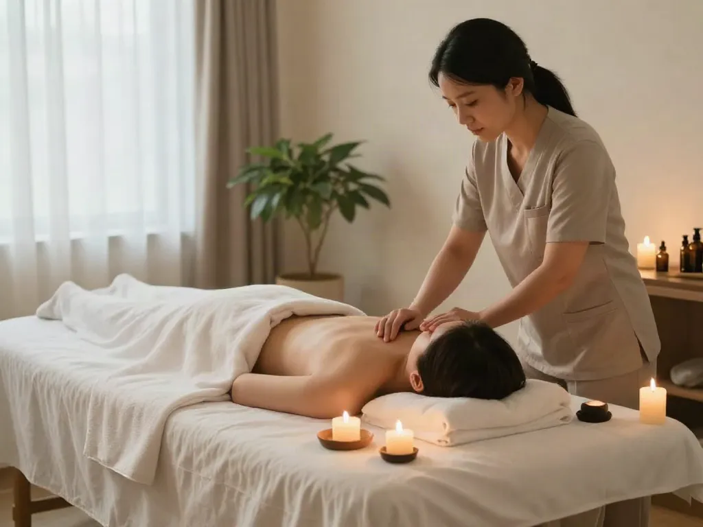 Relaxing 강동구출장안마 experience in a soothing massage studio with aromatic oils and soft lighting.