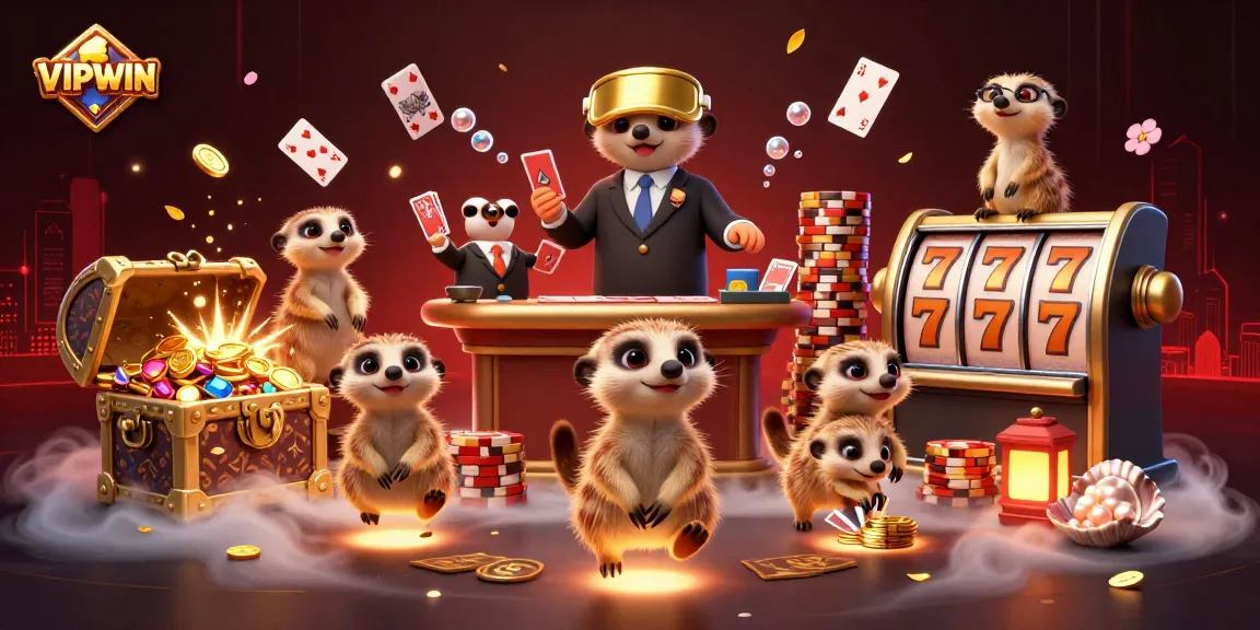 Experience VIPWIN with meerkats expertly managing a vibrant casino, showcasing dynamic gaming action.