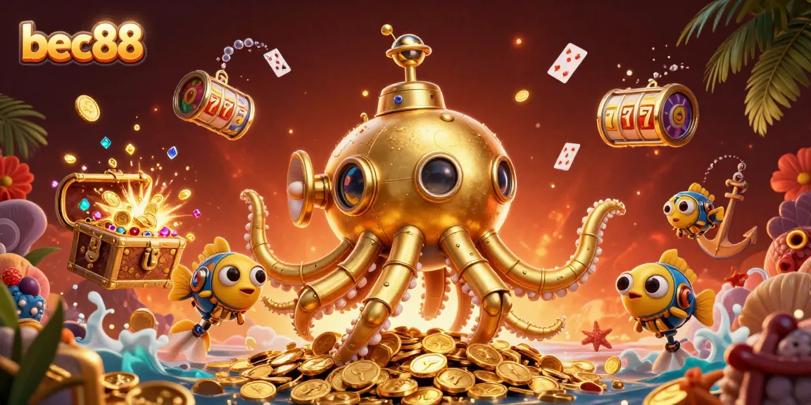 Experience exciting gaming adventures with bec88, featuring a charming kraken submarine amidst rich casino elements.