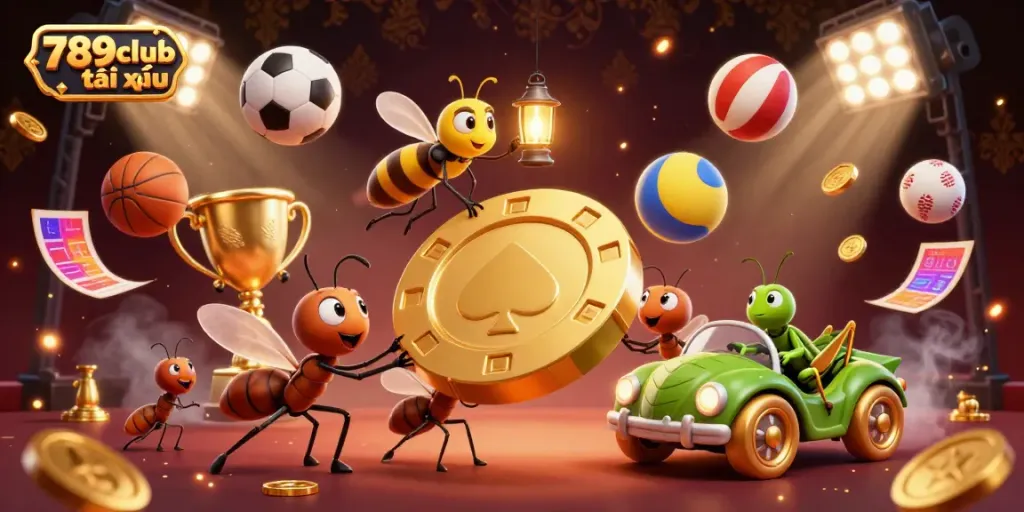 Join the vibrant action of 789club tài xỉu with playful ants heisting a golden poker chip amid flying sports balls.