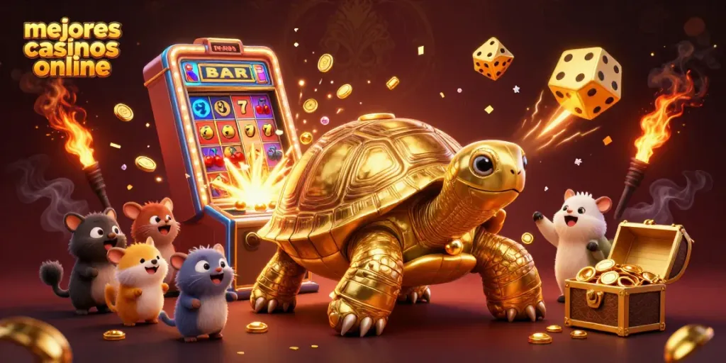 Disfruta de los mejores casinos online a través de una escena vibrante de diversión y emoción con símbolos de jackpot.