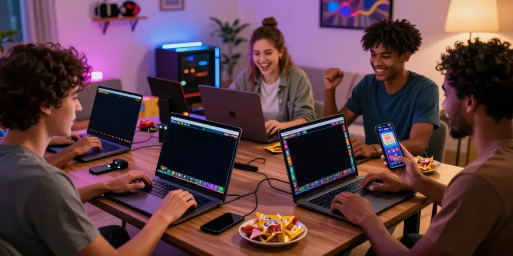 Friends enjoying slot games at home via https://da88z.net/ in a vibrant gaming environment.