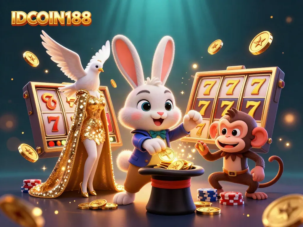 Experience gaming excitement with IDCOIN188, featuring a magician rabbit and slot reels.