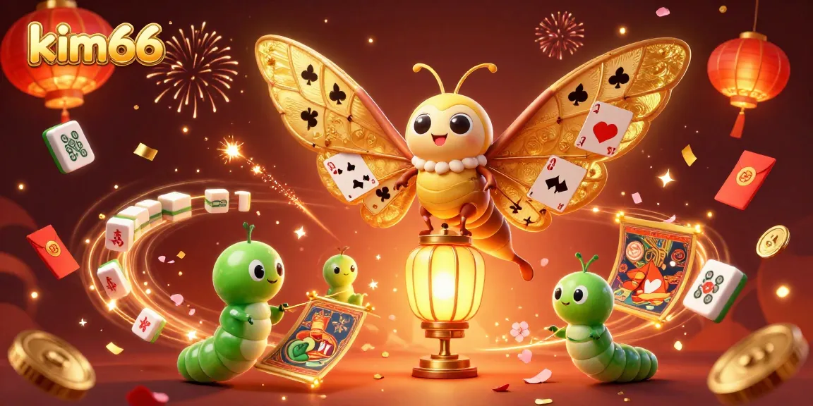 kim66 offers an engaging casino experience with 3D illustrations of vibrant games and golden themes.