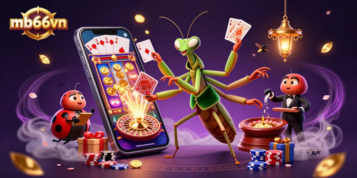 Join the thrilling action at MB66VN with a vibrant 3D illustration featuring card sharp antics and exciting slot games.