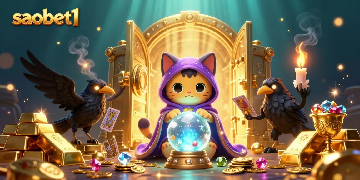 Win big with saobet1 at this enchanting casino scene featuring a mystical cat and raven.