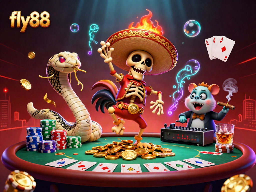 Experience the excitement of fly88 with a vibrant 3D scene of gambling characters celebrating amidst poker elements and dynamic effects.