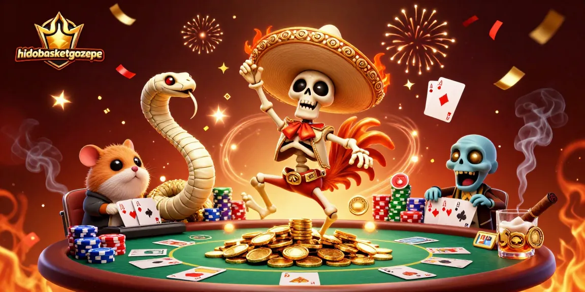 Catch the excitement of gambling at hidobasketgoztepe with a festive scene of a dancing mariachi rooster and colorful poker elements.