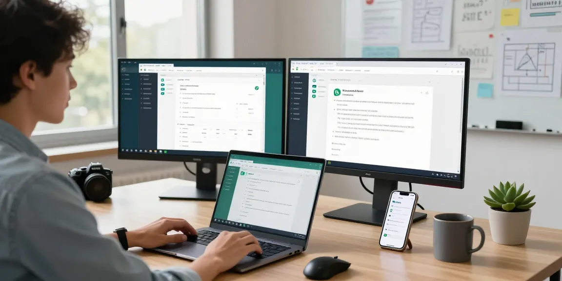 Using WhatsApp網頁版 on a laptop in a modern office setting, showcasing productivity tools and communication.