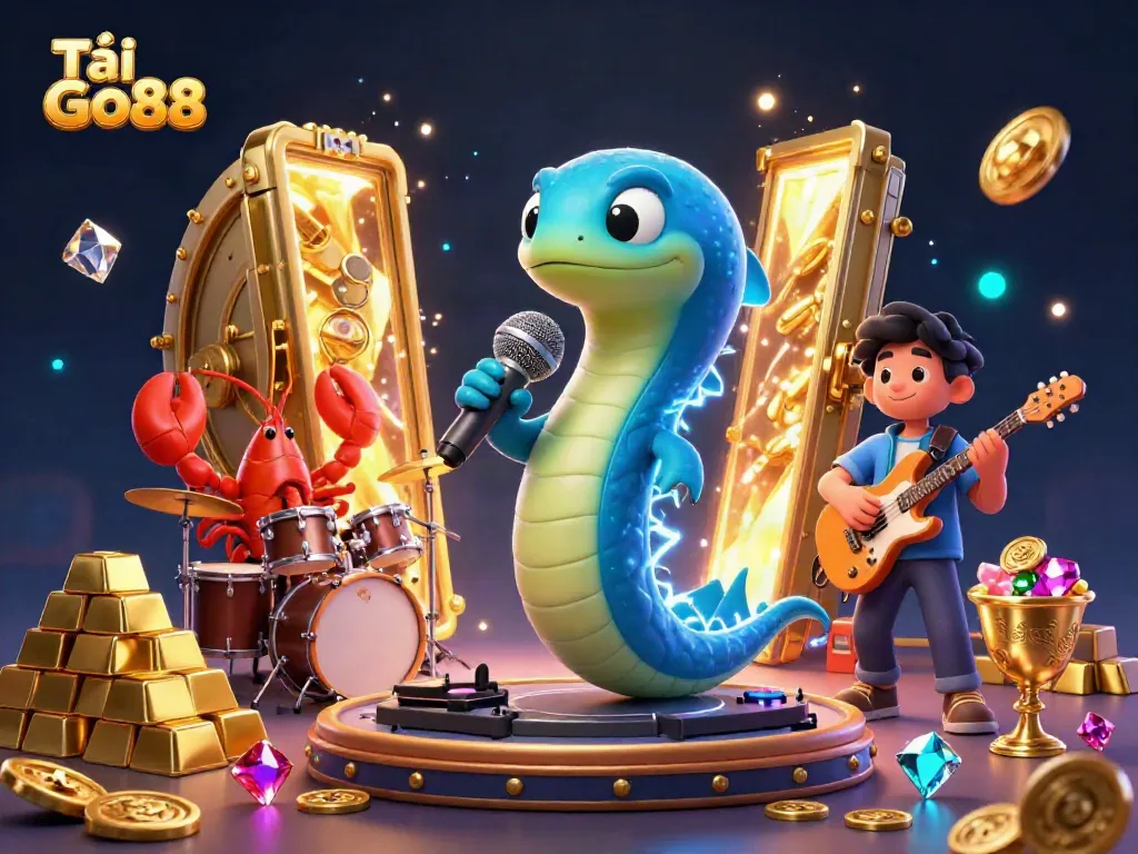 Experience the thrill of "Tải Go88" in this vibrant underwater casino scene featuring a DJ eel and energetic band.