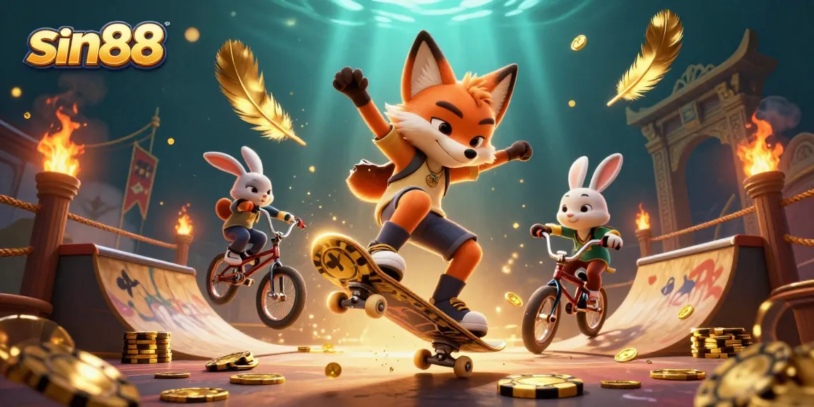 Experience thrilling gameplay with sin88 featuring a 3D cartoon fox kickflipping over golden poker chips.