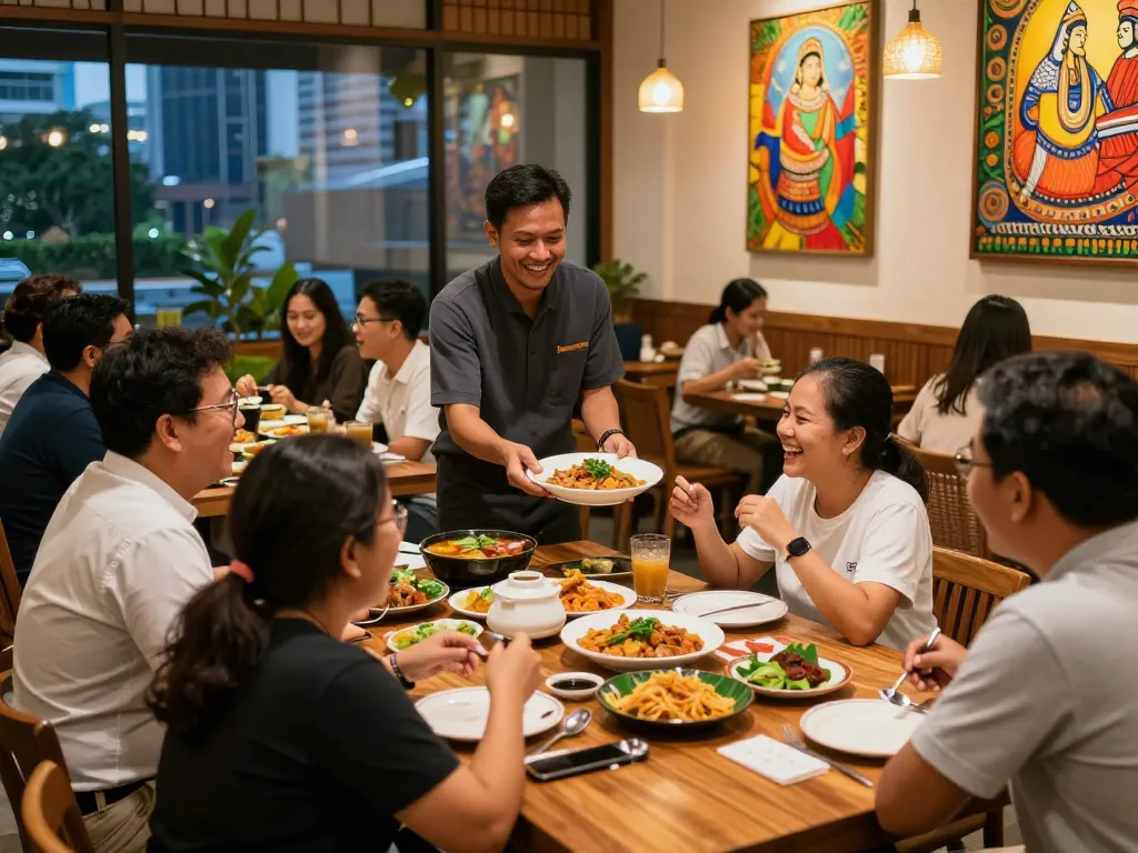 Guests enjoying games and traditional dishes at POKERSERI restaurant in Jakarta, showcasing a lively dining experience.