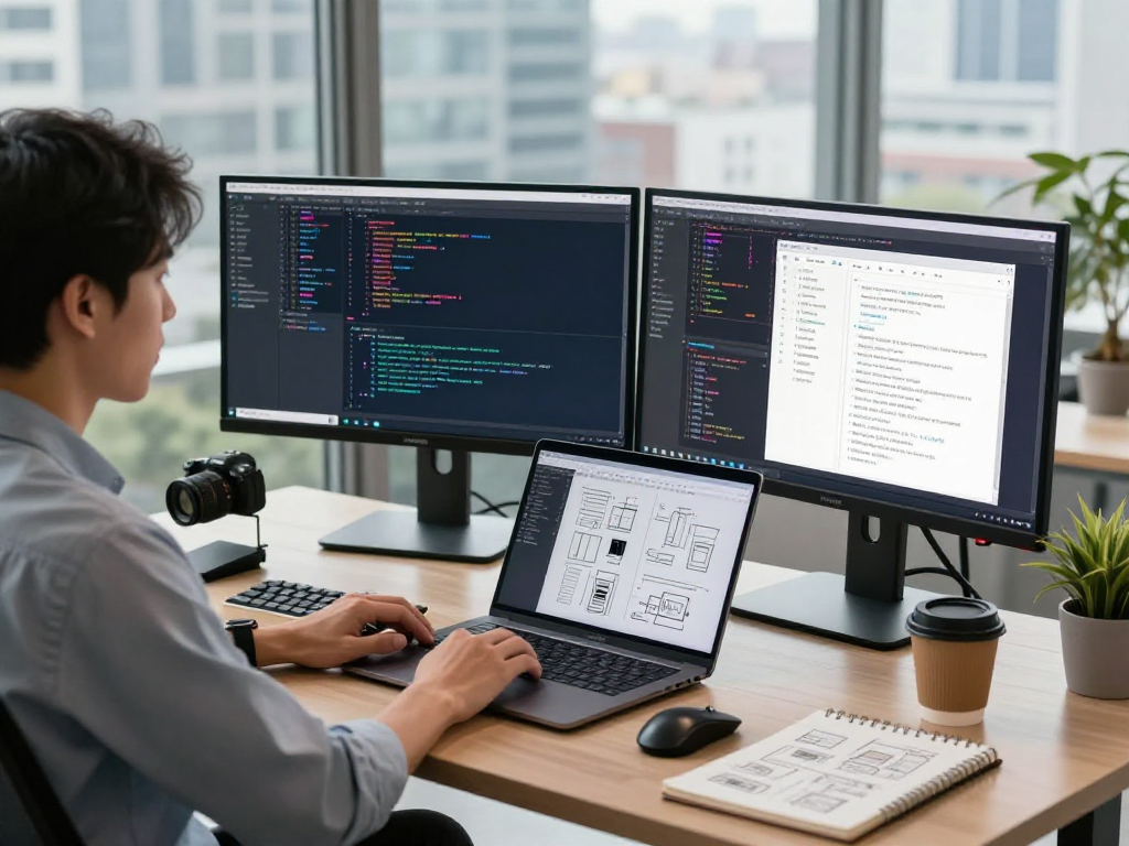 WPS Office下载的专业办公环境，程序员在现代化的桌面上编码，显示复杂的编程内容，营造专注的学习氛围。