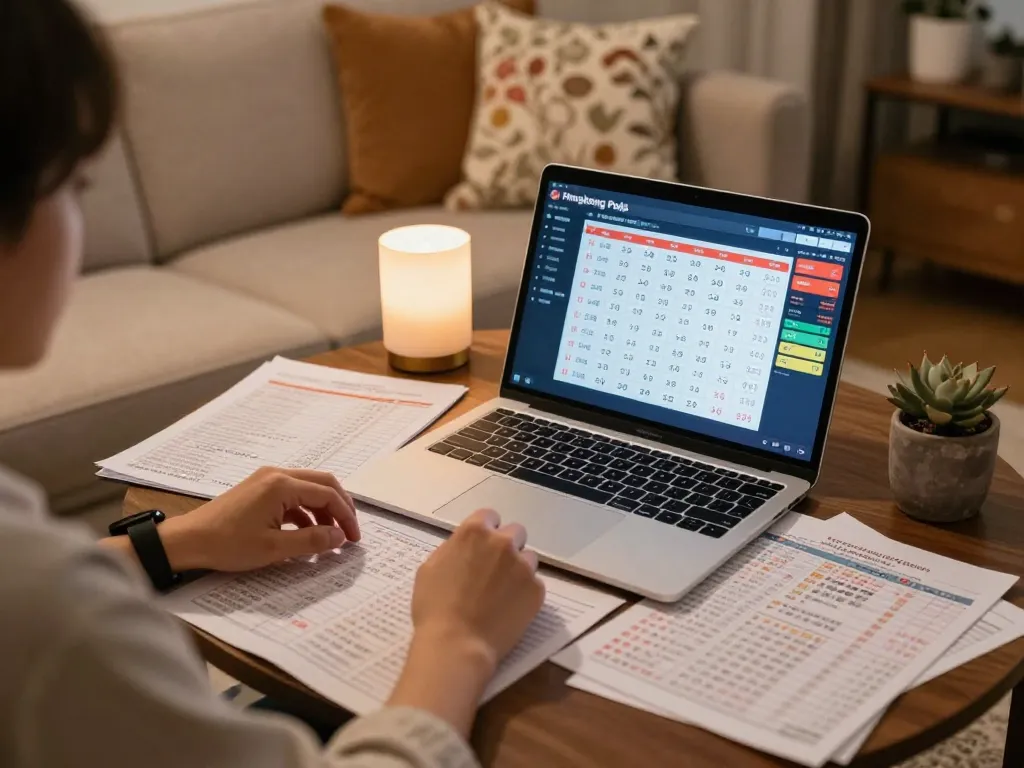 Player analyzing betting strategies for Hongkong Pools at home, focusing on responsible gambling practices.