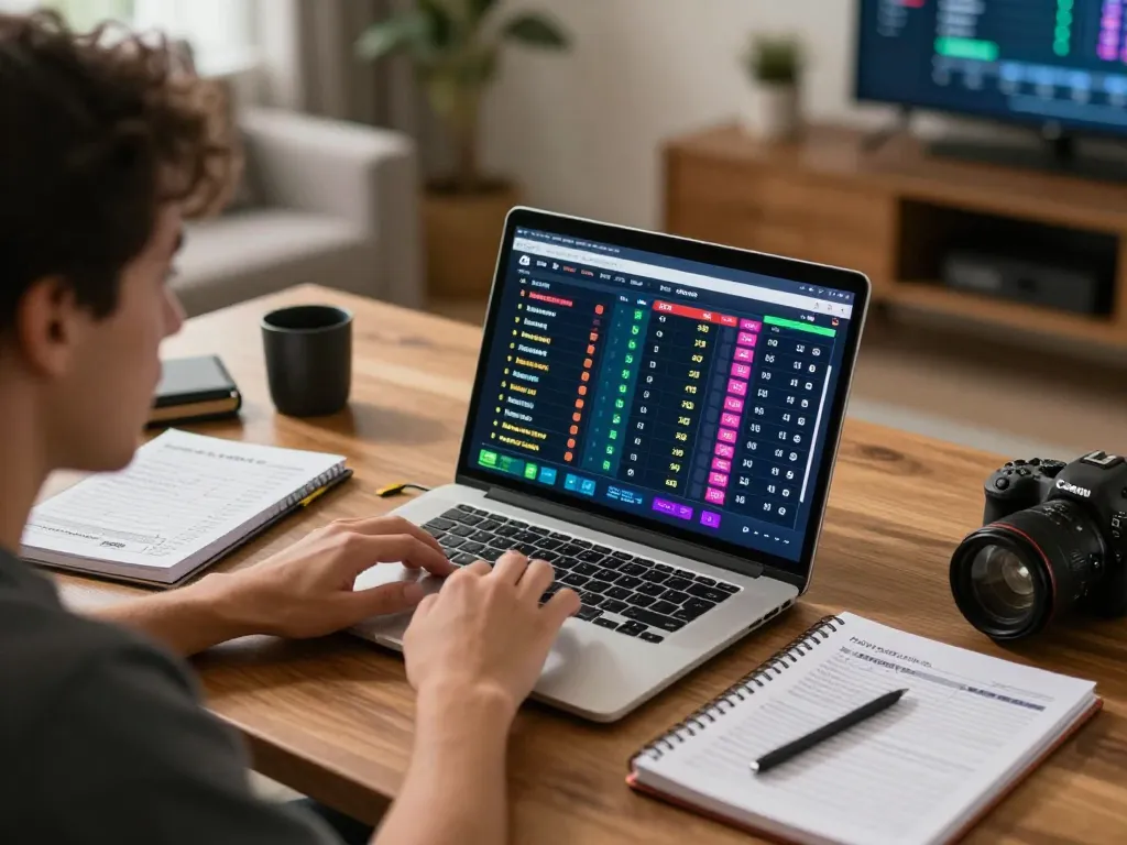 Tỷ lệ kèo nhà cái displayed on laptop during a strategic online betting session in home office
