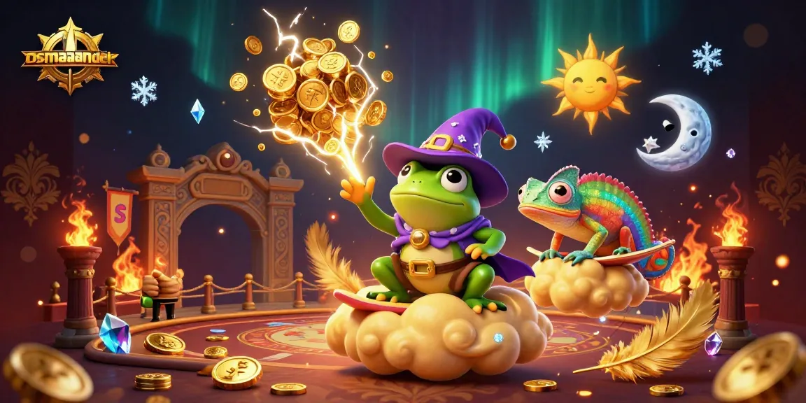 Win big with the osmapandtheforum platform, featuring a wizard frog and chameleon in a vibrant casino scene.