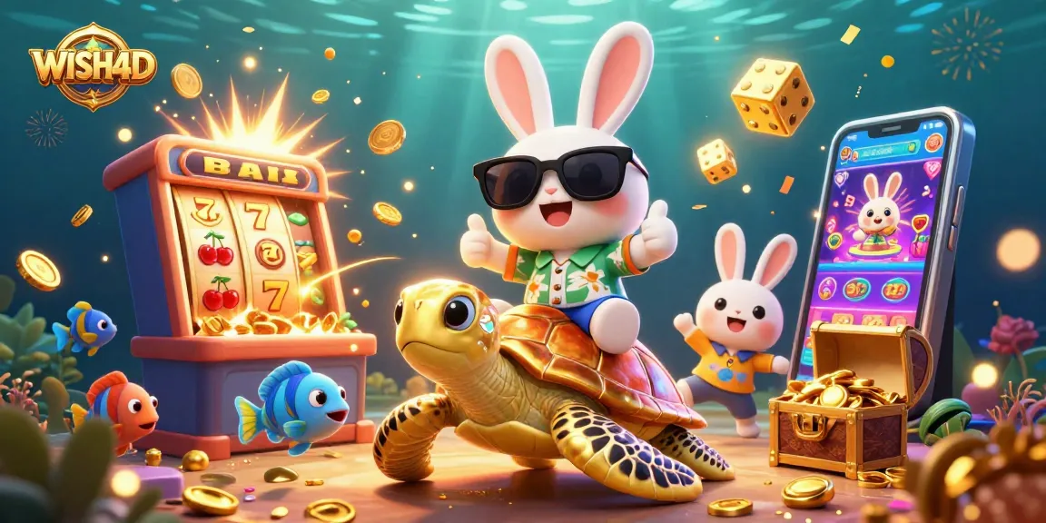 Experience WISH4D's vibrant casino world with a lucky rabbit and golden turtle amidst a jackpot explosion.