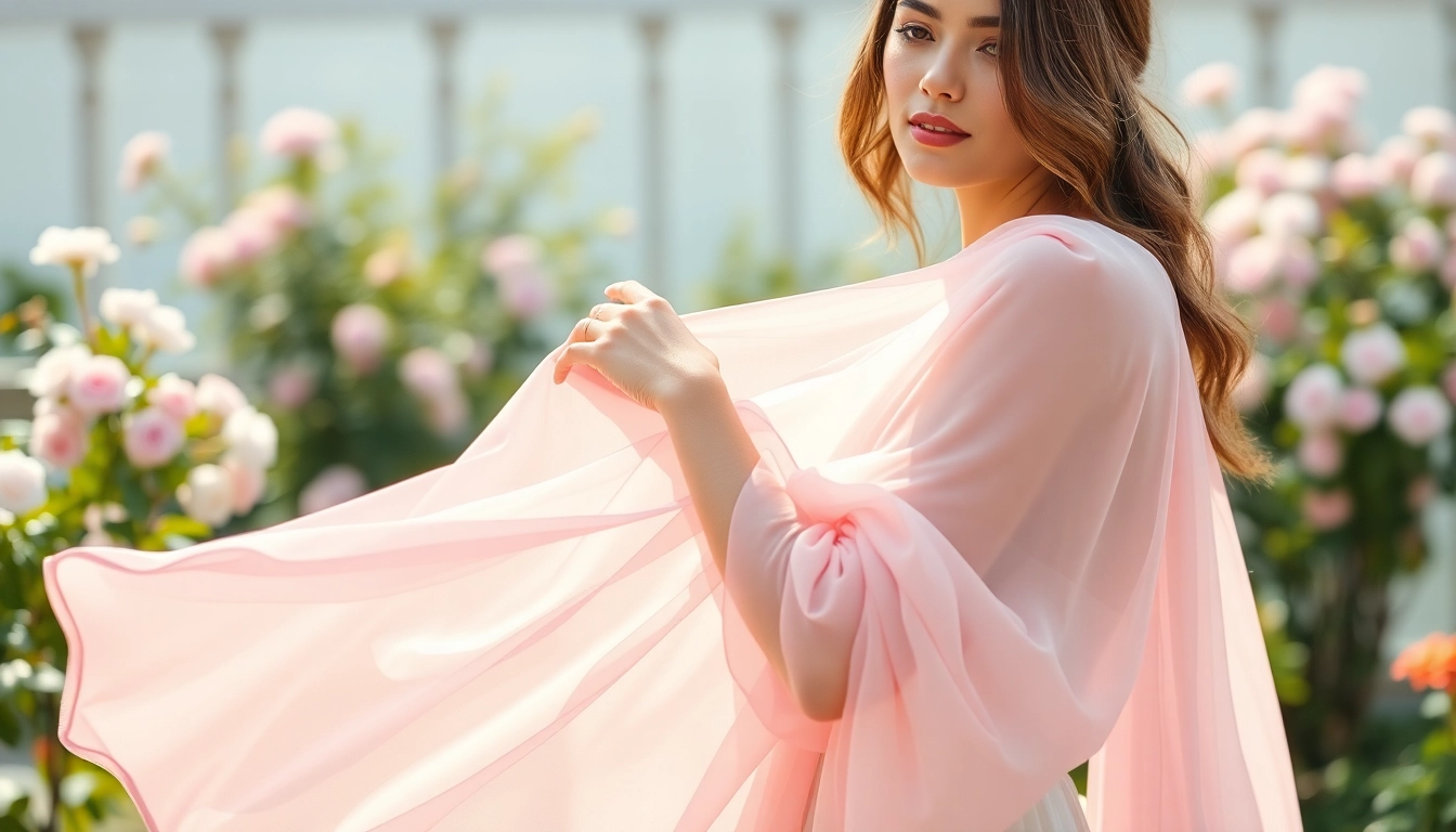 A classic chiffon dress flowing in a garden, capturing elegance and softness.