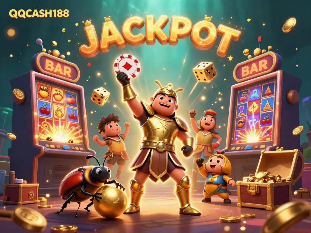 Experience the excitement of QQCASH188 with a cartoon beetle champion lifting a poker chip in a vibrant casino scene.