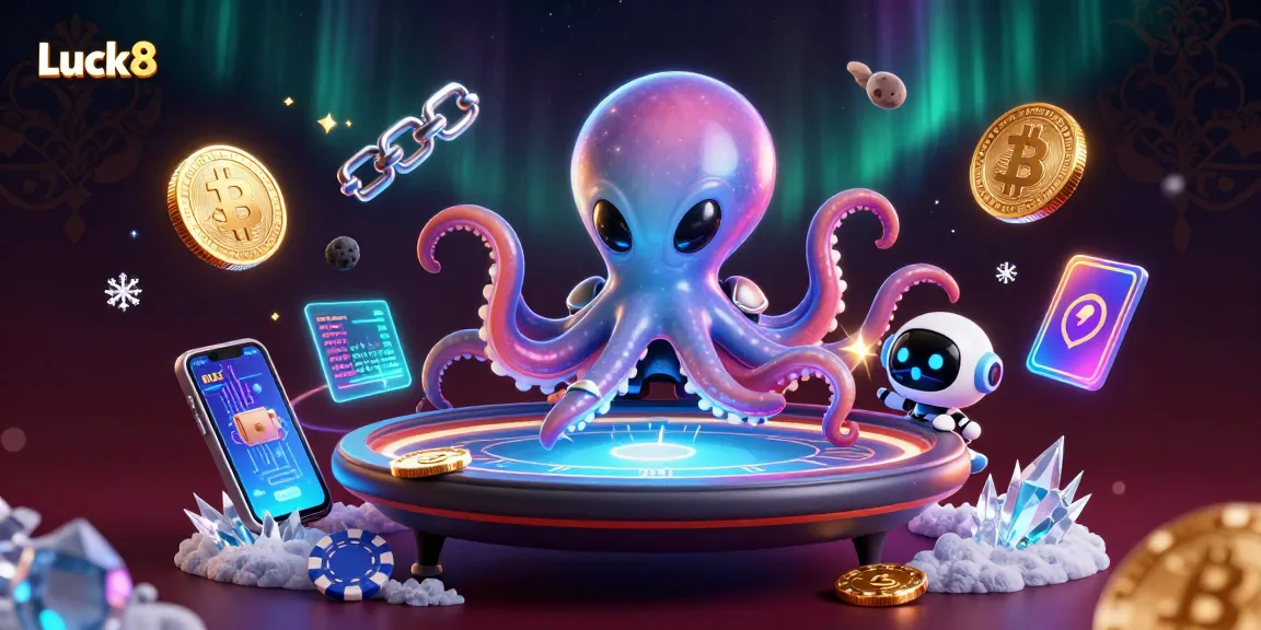 Luck8 delivers thrilling poker action with a vibrant alien octopus and robot duo among floating crypto coins.