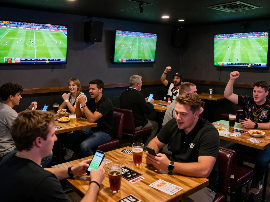 Patrons at a sports bar using keobongda for live betting on exciting football matches.