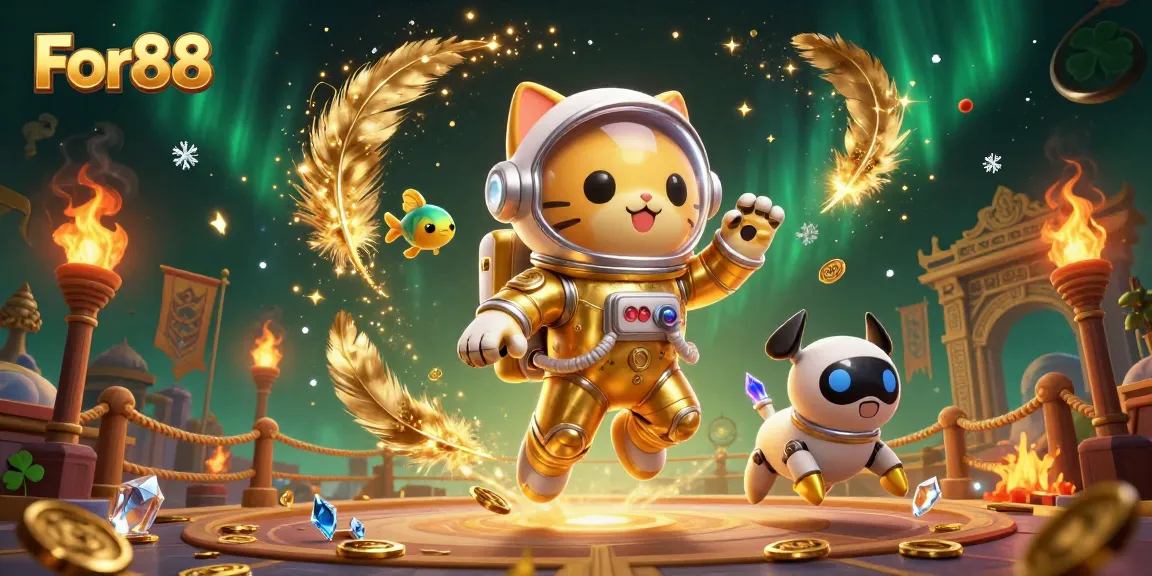 For88 features an astronaut cat and robot dog in a vibrant cosmic casino scene.