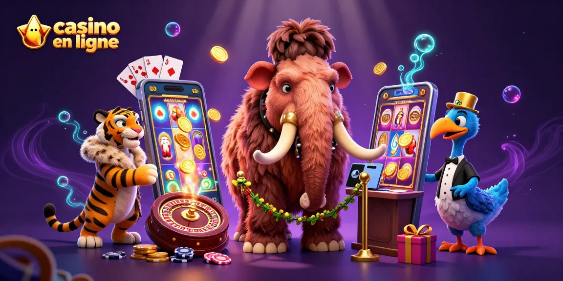 Jouer au casino en ligne avec un mammouth, un tigre et un dodo dans une ambiance colorée.