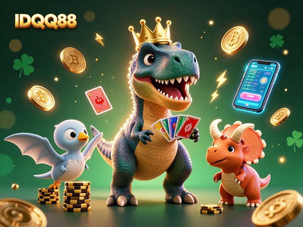Engage with IDQQ88 through a lively scene of a T-Rex shuffling cards at a crypto casino.