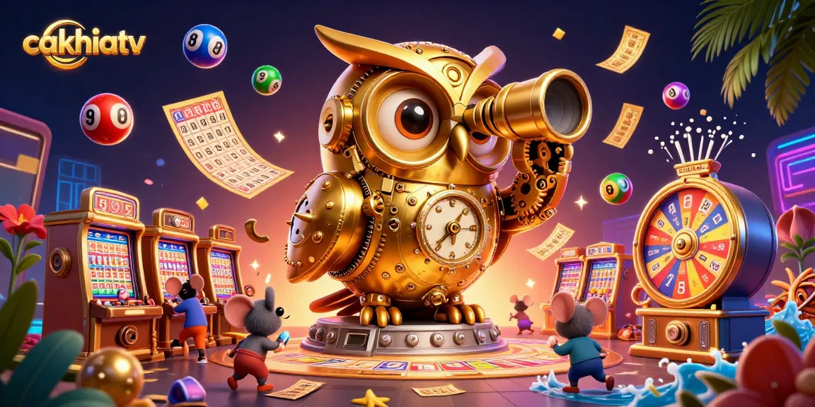 Cakhiatv showcases a vibrant casino scene with an owl and mice patrons amid lottery elements.