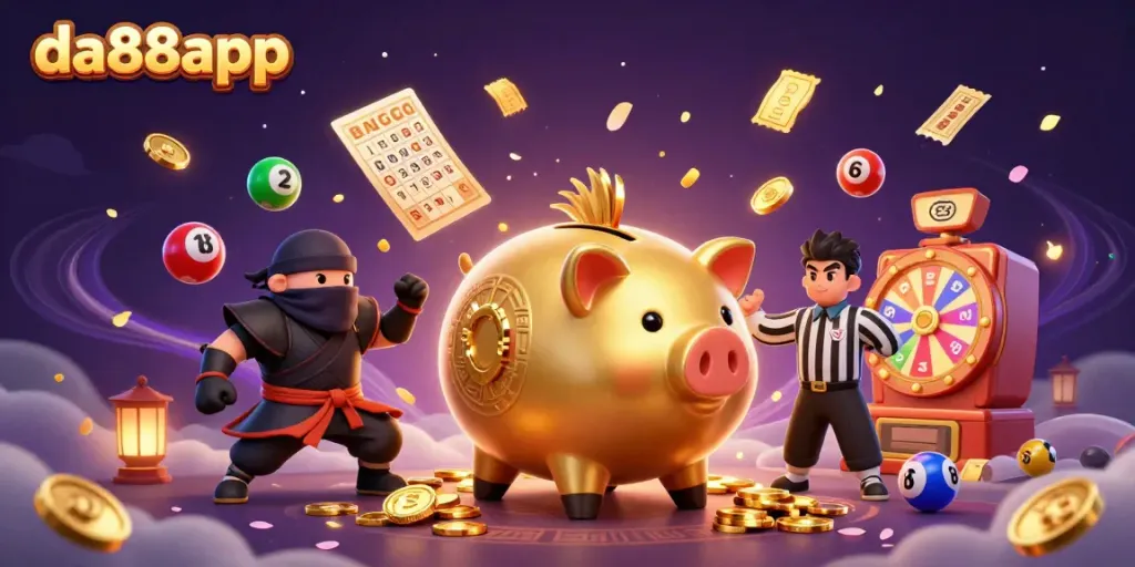 Experience thrilling excitement with da88app as the golden piggy bank sumo wrestler engages in epic action.