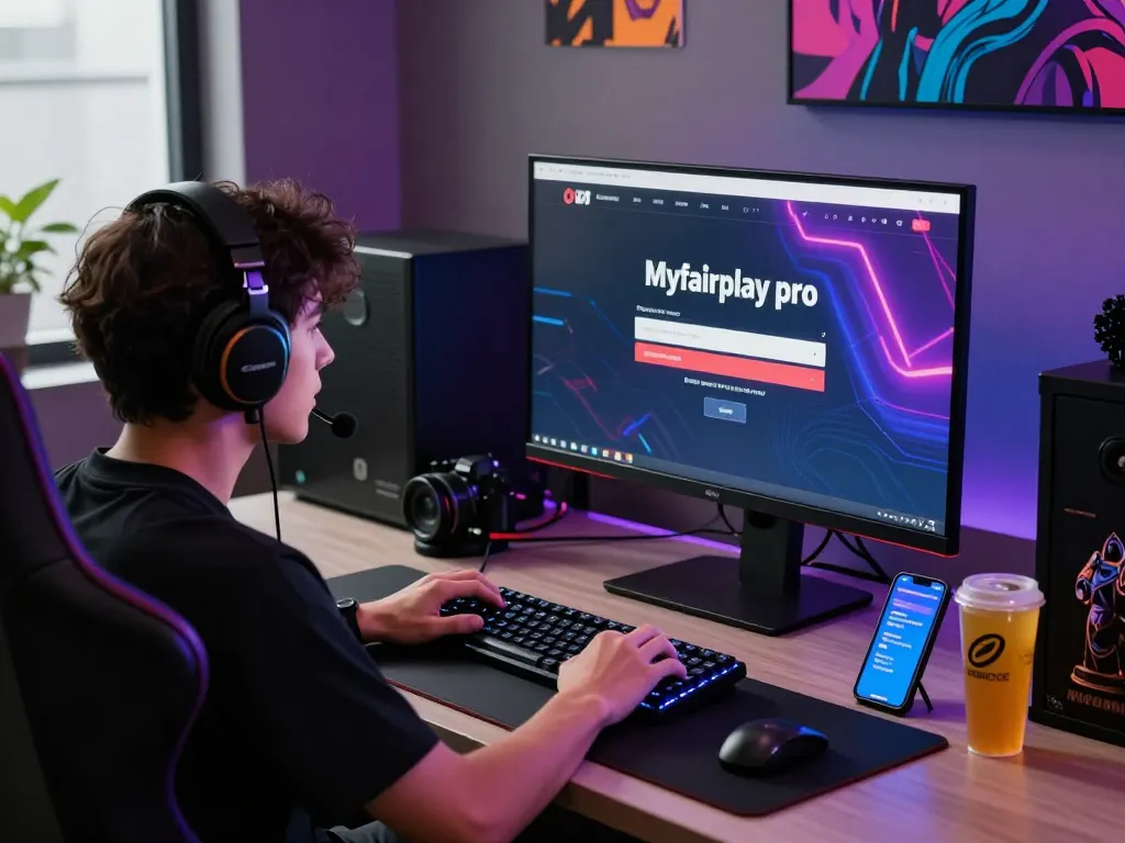 User focusing on Myfairplay pro login interface at a modern gaming desk with vibrant gaming equipment.