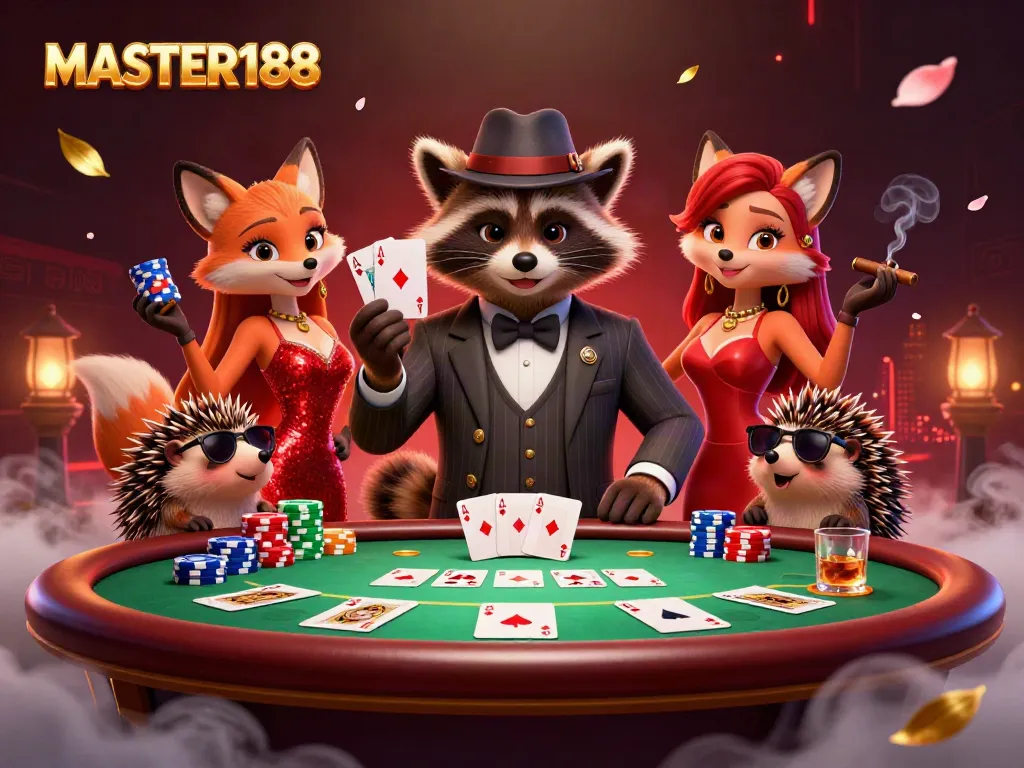 Engage in thrilling poker action with MASTER188's vibrant 3D illustration showcasing a raccoon, fox, and hedgehog characters around a poker table.